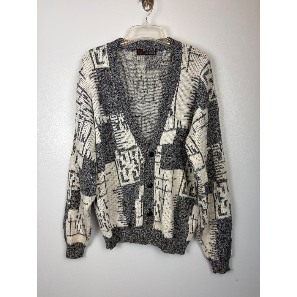 Scandia Vintage‎ 90s Abstract Geometric Patchwork Cardigan Sweater Mens XL USA